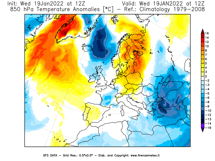 Mappa di analisi GFS - Anomalia Temperatura [°C] a 850 hPa in Europa
							del 19/01/2022 12 <!--googleoff: index-->UTC<!--googleon: index-->