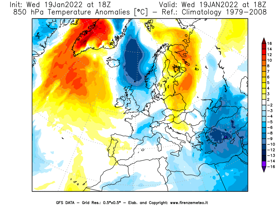 Mappa di analisi GFS - Anomalia Temperatura [°C] a 850 hPa in Europa
							del 19/01/2022 18 <!--googleoff: index-->UTC<!--googleon: index-->
