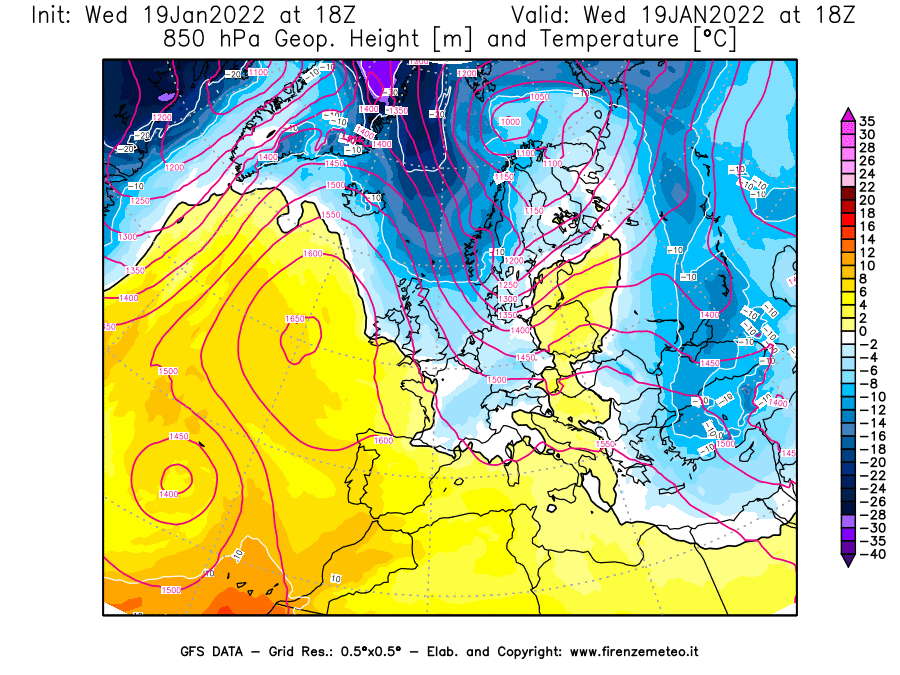 Mappa di analisi GFS - Geopotenziale [m] e Temperatura [°C] a 850 hPa in Europa
							del 19/01/2022 18 <!--googleoff: index-->UTC<!--googleon: index-->