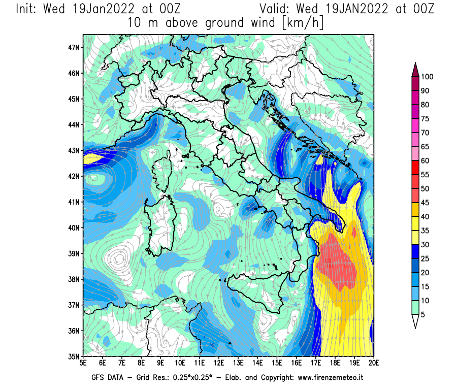 Mappa di analisi GFS - Velocità del vento a 10 metri dal suolo [km/h] in Italia
							del 19/01/2022 00 <!--googleoff: index-->UTC<!--googleon: index-->