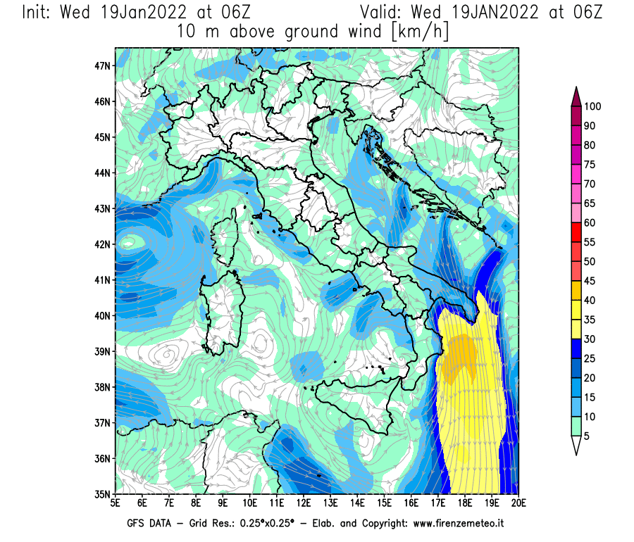 Mappa di analisi GFS - Velocità del vento a 10 metri dal suolo [km/h] in Italia
							del 19/01/2022 06 <!--googleoff: index-->UTC<!--googleon: index-->