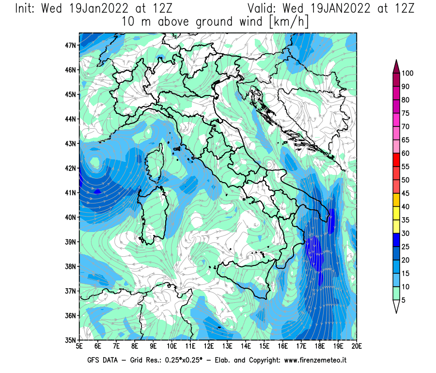 Mappa di analisi GFS - Velocità del vento a 10 metri dal suolo [km/h] in Italia
							del 19/01/2022 12 <!--googleoff: index-->UTC<!--googleon: index-->