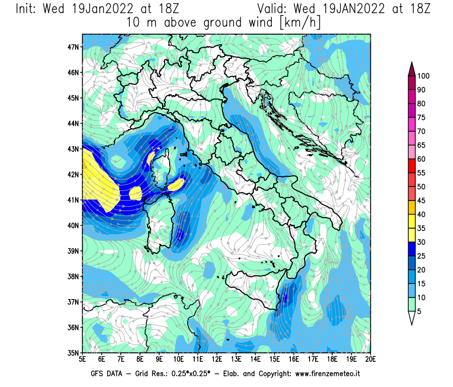 Mappa di analisi GFS - Velocità del vento a 10 metri dal suolo [km/h] in Italia
							del 19/01/2022 18 <!--googleoff: index-->UTC<!--googleon: index-->