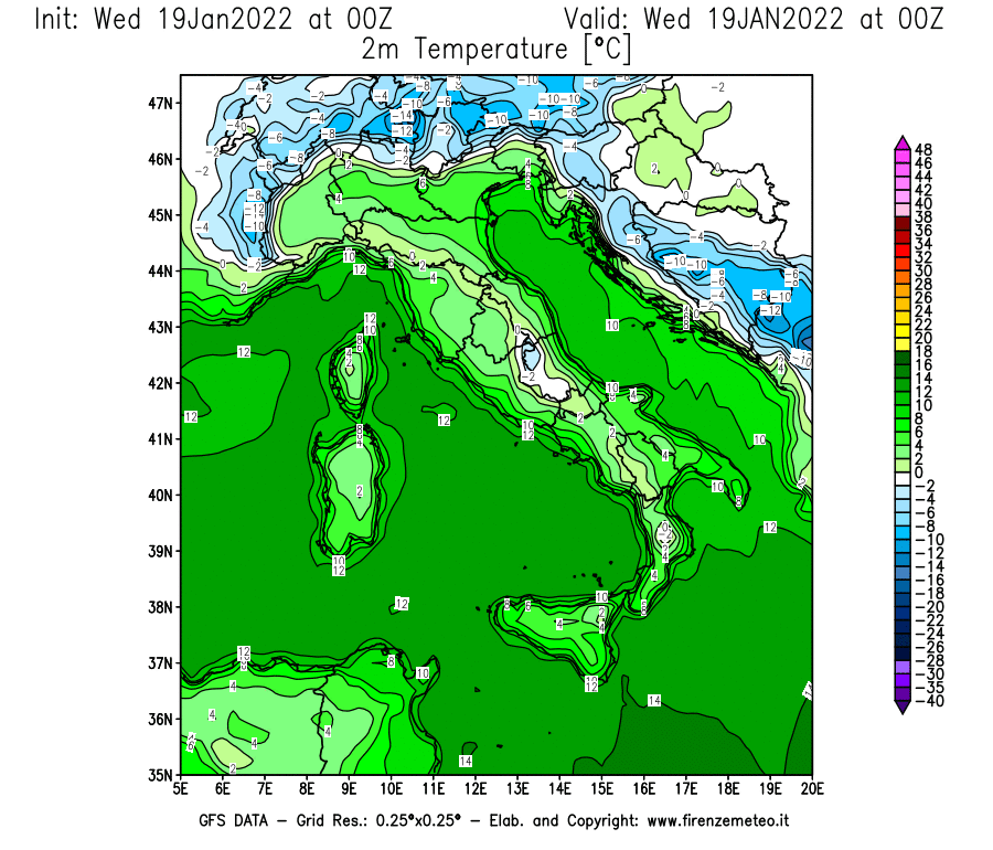 Mappa di analisi GFS - Temperatura a 2 metri dal suolo [°C] in Italia
							del 19/01/2022 00 <!--googleoff: index-->UTC<!--googleon: index-->