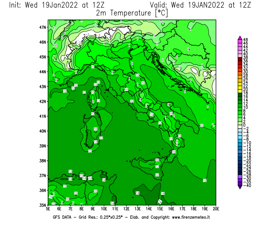 Mappa di analisi GFS - Temperatura a 2 metri dal suolo [°C] in Italia
							del 19/01/2022 12 <!--googleoff: index-->UTC<!--googleon: index-->