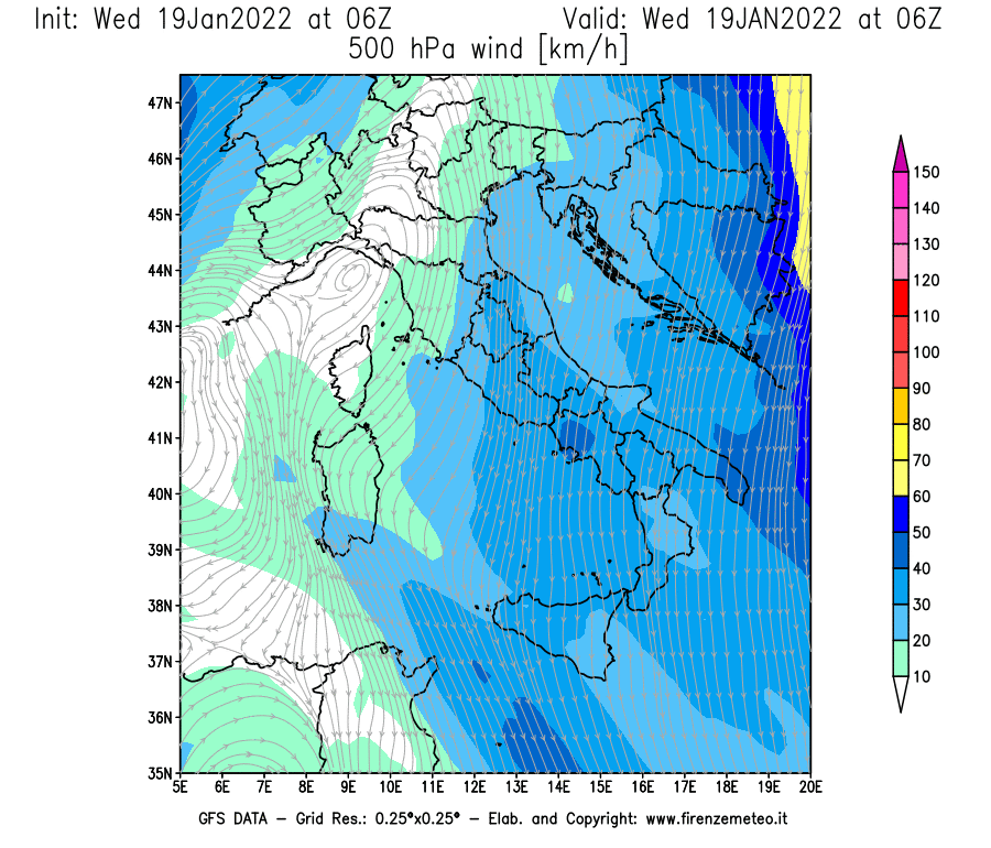 Mappa di analisi GFS - Velocità del vento a 500 hPa [km/h] in Italia
							del 19/01/2022 06 <!--googleoff: index-->UTC<!--googleon: index-->