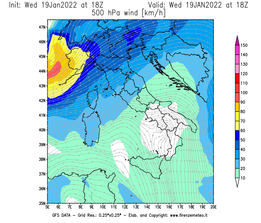 Mappa di analisi GFS - Velocità del vento a 500 hPa [km/h] in Italia
							del 19/01/2022 18 <!--googleoff: index-->UTC<!--googleon: index-->