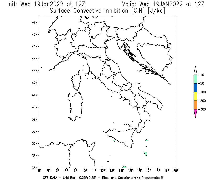 Mappa di analisi GFS - CIN [J/kg] in Italia
							del 19/01/2022 12 <!--googleoff: index-->UTC<!--googleon: index-->