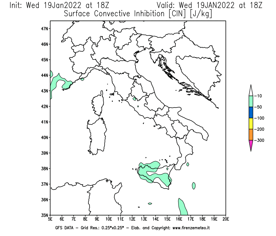 Mappa di analisi GFS - CIN [J/kg] in Italia
							del 19/01/2022 18 <!--googleoff: index-->UTC<!--googleon: index-->
