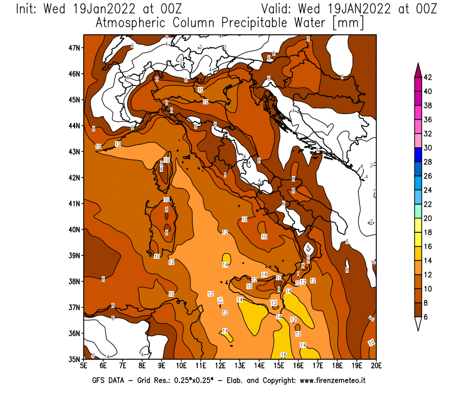 Mappa di analisi GFS - Precipitable Water [mm] in Italia
							del 19/01/2022 00 <!--googleoff: index-->UTC<!--googleon: index-->