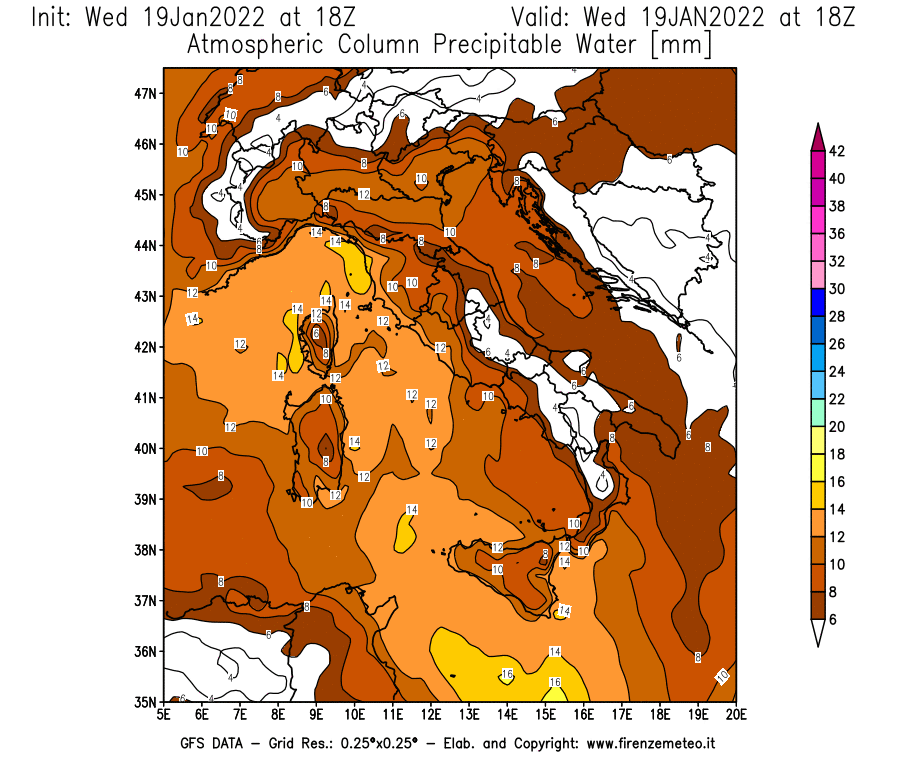 Mappa di analisi GFS - Precipitable Water [mm] in Italia
							del 19/01/2022 18 <!--googleoff: index-->UTC<!--googleon: index-->