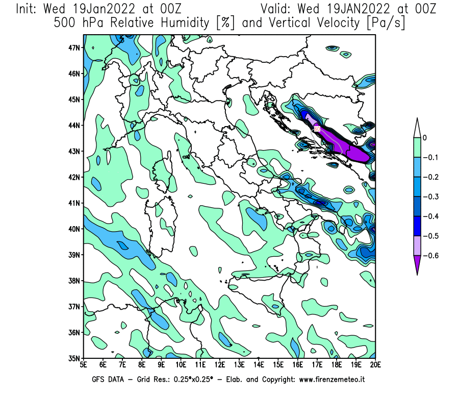 Mappa di analisi GFS - Umidità relativa [%] e Omega [Pa/s] a 500 hPa in Italia
							del 19/01/2022 00 <!--googleoff: index-->UTC<!--googleon: index-->