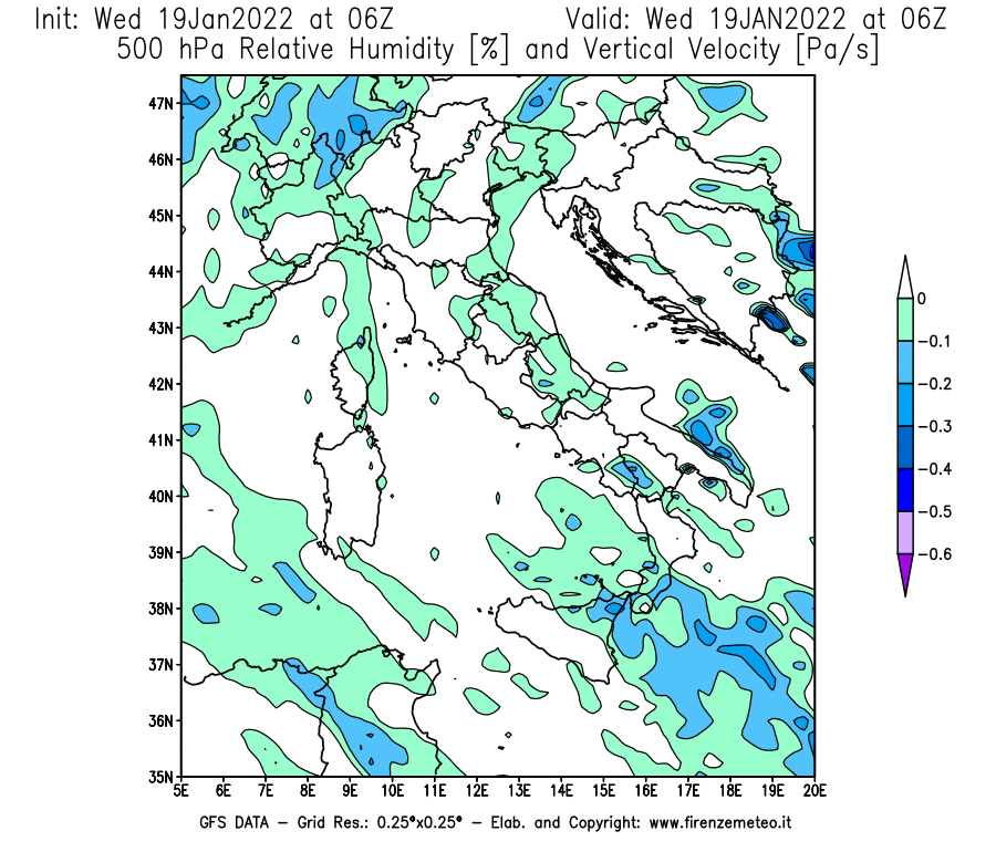 Mappa di analisi GFS - Umidità relativa [%] e Omega [Pa/s] a 500 hPa in Italia
							del 19/01/2022 06 <!--googleoff: index-->UTC<!--googleon: index-->