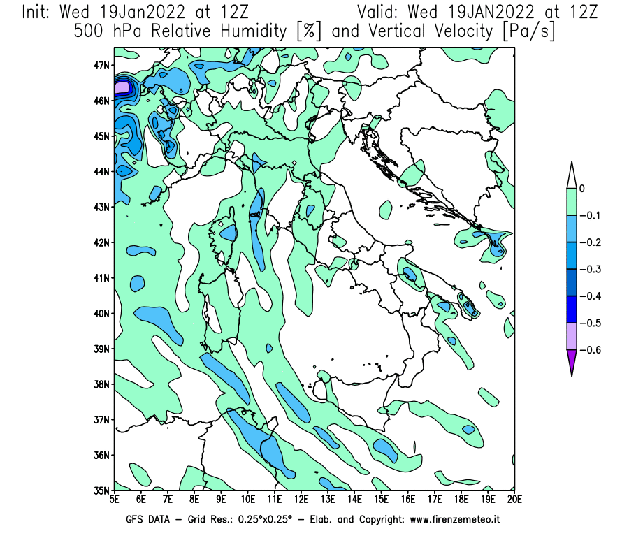 Mappa di analisi GFS - Umidità relativa [%] e Omega [Pa/s] a 500 hPa in Italia
							del 19/01/2022 12 <!--googleoff: index-->UTC<!--googleon: index-->
