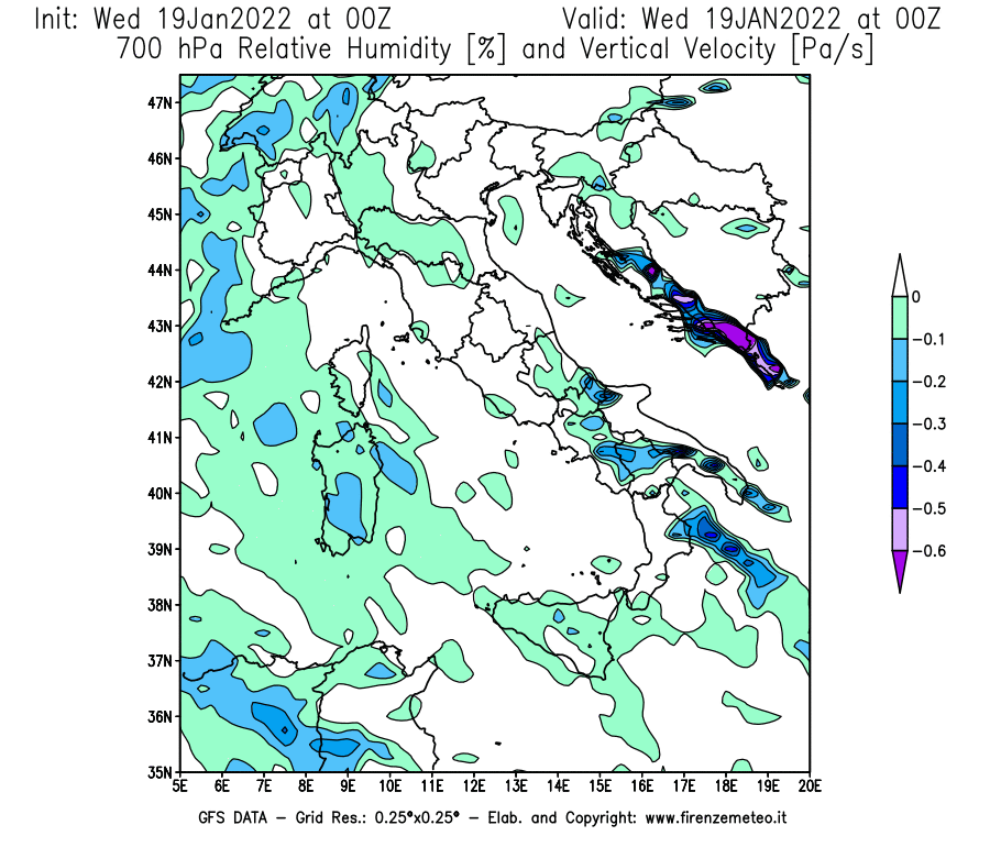 Mappa di analisi GFS - Umidità relativa [%] e Omega [Pa/s] a 700 hPa in Italia
							del 19/01/2022 00 <!--googleoff: index-->UTC<!--googleon: index-->