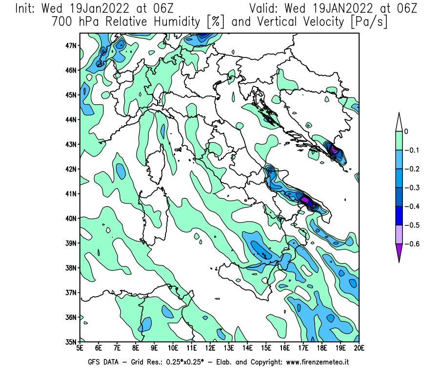 Mappa di analisi GFS - Umidità relativa [%] e Omega [Pa/s] a 700 hPa in Italia
							del 19/01/2022 06 <!--googleoff: index-->UTC<!--googleon: index-->