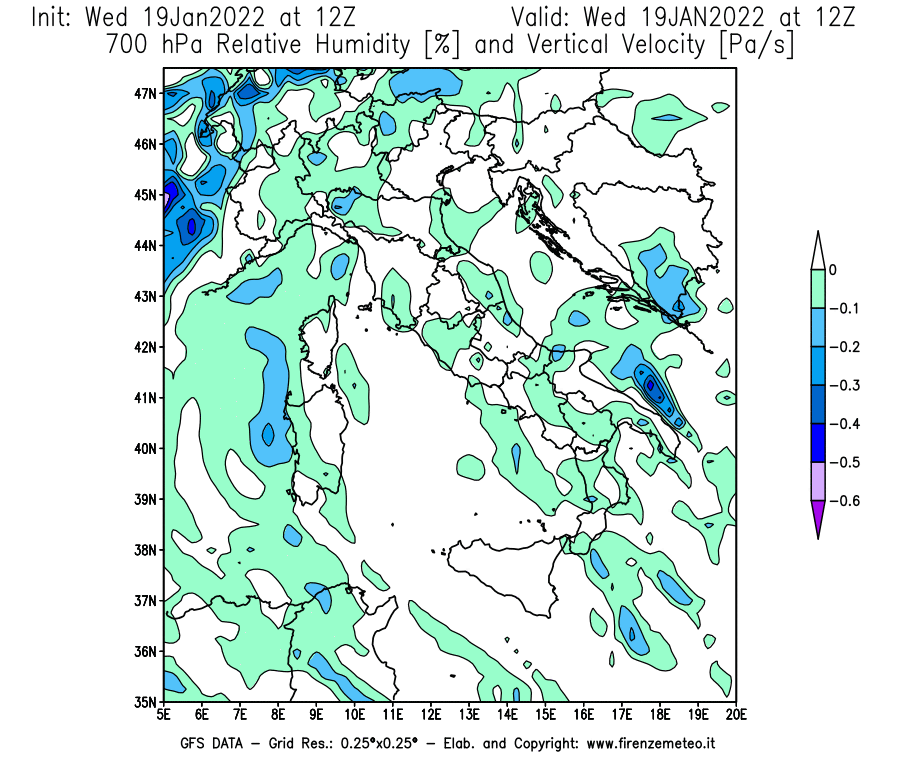 Mappa di analisi GFS - Umidità relativa [%] e Omega [Pa/s] a 700 hPa in Italia
							del 19/01/2022 12 <!--googleoff: index-->UTC<!--googleon: index-->