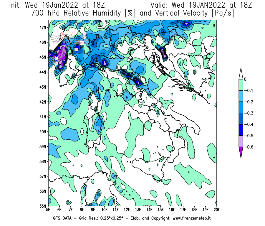 Mappa di analisi GFS - Umidità relativa [%] e Omega [Pa/s] a 700 hPa in Italia
							del 19/01/2022 18 <!--googleoff: index-->UTC<!--googleon: index-->