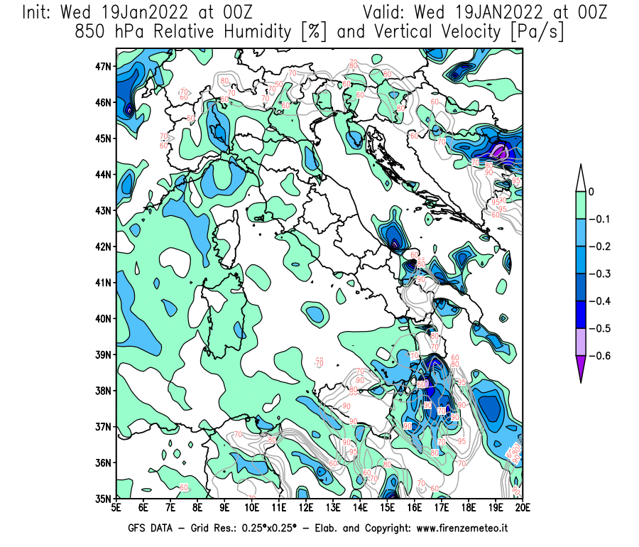 Mappa di analisi GFS - Umidità relativa [%] e Omega [Pa/s] a 850 hPa in Italia
							del 19/01/2022 00 <!--googleoff: index-->UTC<!--googleon: index-->