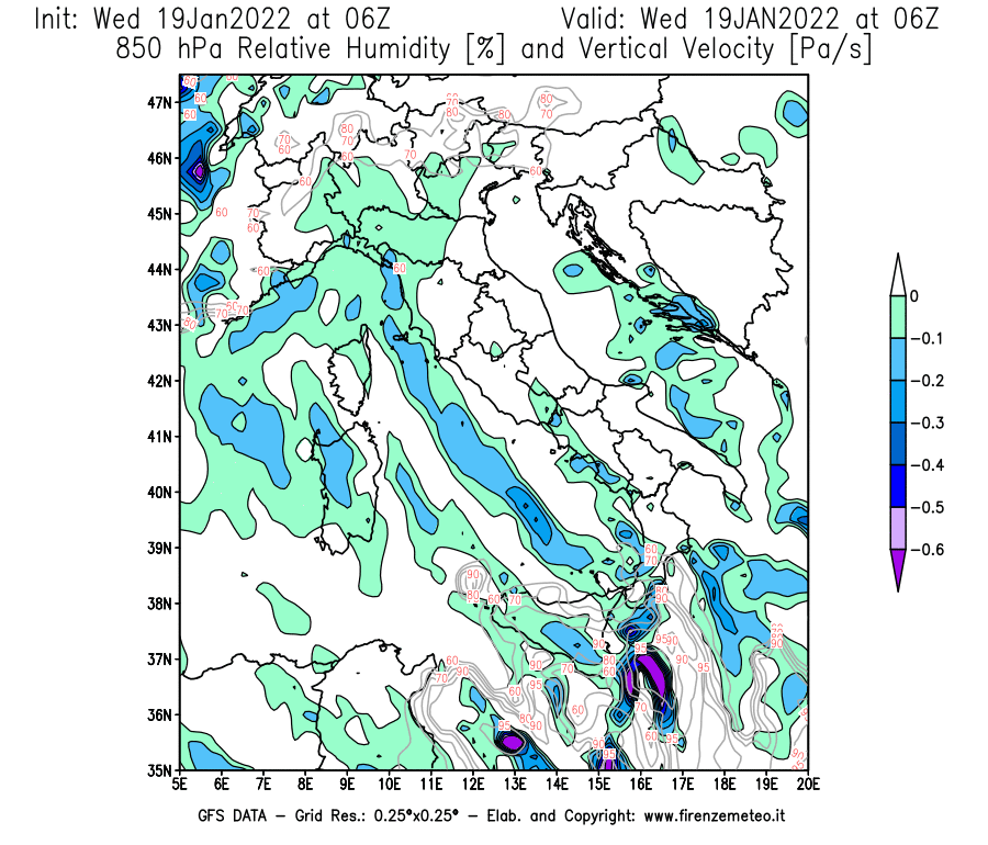 Mappa di analisi GFS - Umidità relativa [%] e Omega [Pa/s] a 850 hPa in Italia
							del 19/01/2022 06 <!--googleoff: index-->UTC<!--googleon: index-->