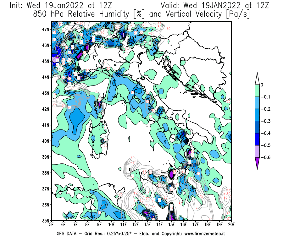 Mappa di analisi GFS - Umidità relativa [%] e Omega [Pa/s] a 850 hPa in Italia
							del 19/01/2022 12 <!--googleoff: index-->UTC<!--googleon: index-->