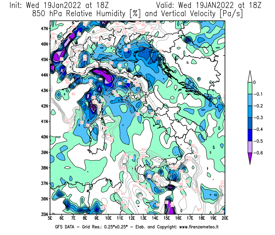 Mappa di analisi GFS - Umidità relativa [%] e Omega [Pa/s] a 850 hPa in Italia
							del 19/01/2022 18 <!--googleoff: index-->UTC<!--googleon: index-->