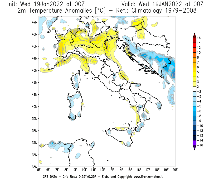 Mappa di analisi GFS - Anomalia Temperatura [°C] a 2 m in Italia
							del 19/01/2022 00 <!--googleoff: index-->UTC<!--googleon: index-->