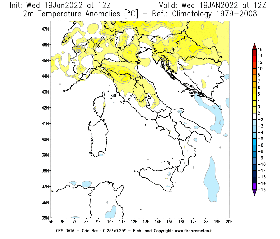 Mappa di analisi GFS - Anomalia Temperatura [°C] a 2 m in Italia
							del 19/01/2022 12 <!--googleoff: index-->UTC<!--googleon: index-->