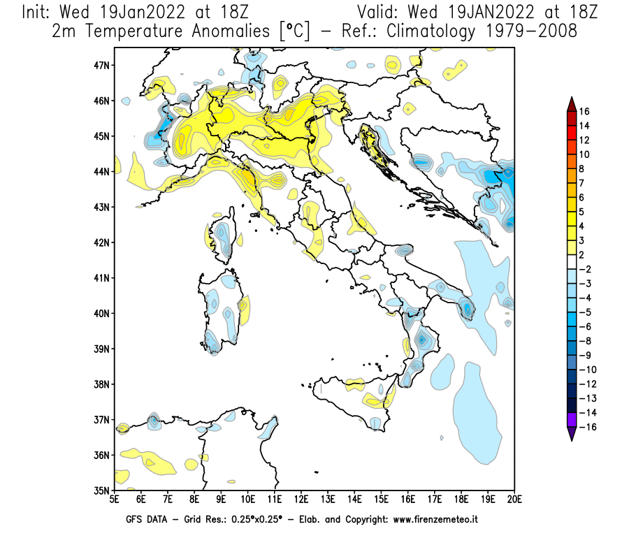 Mappa di analisi GFS - Anomalia Temperatura [°C] a 2 m in Italia
							del 19/01/2022 18 <!--googleoff: index-->UTC<!--googleon: index-->