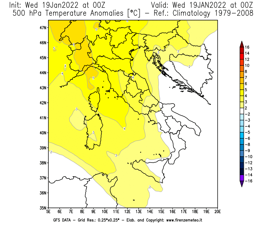 Mappa di analisi GFS - Anomalia Temperatura [°C] a 500 hPa in Italia
							del 19/01/2022 00 <!--googleoff: index-->UTC<!--googleon: index-->