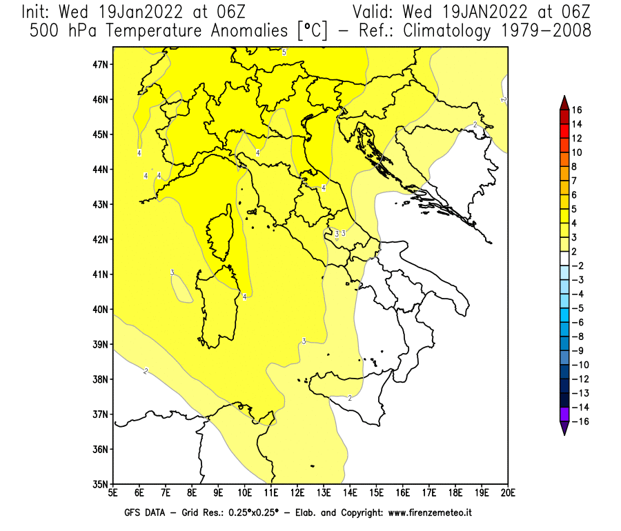 Mappa di analisi GFS - Anomalia Temperatura [°C] a 500 hPa in Italia
							del 19/01/2022 06 <!--googleoff: index-->UTC<!--googleon: index-->