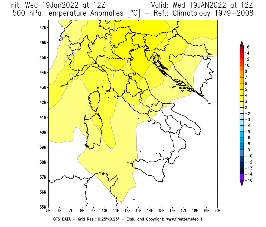 Mappa di analisi GFS - Anomalia Temperatura [°C] a 500 hPa in Italia
							del 19/01/2022 12 <!--googleoff: index-->UTC<!--googleon: index-->