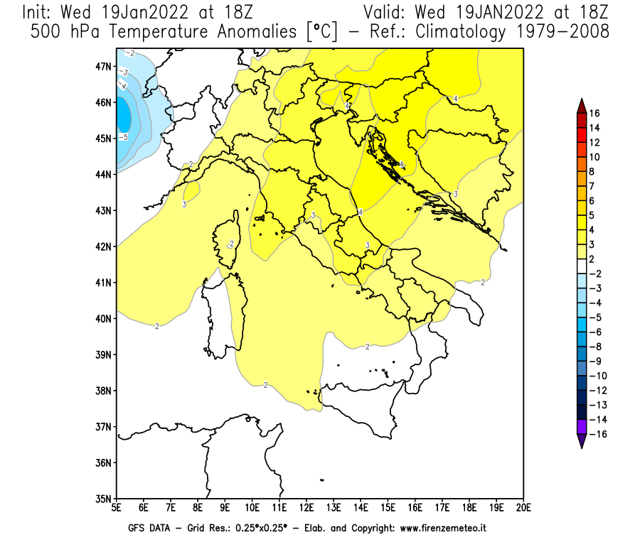 Mappa di analisi GFS - Anomalia Temperatura [°C] a 500 hPa in Italia
							del 19/01/2022 18 <!--googleoff: index-->UTC<!--googleon: index-->