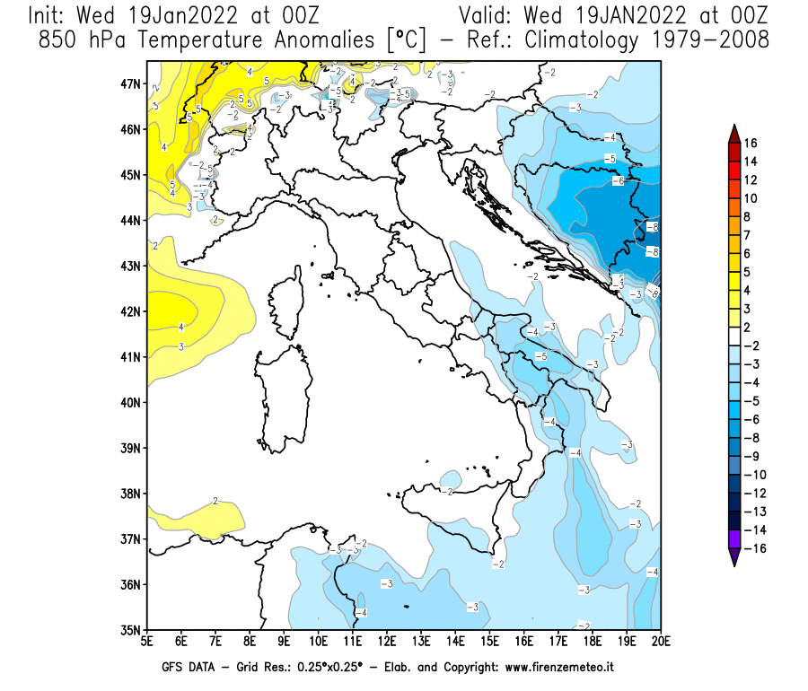 Mappa di analisi GFS - Anomalia Temperatura [°C] a 850 hPa in Italia
							del 19/01/2022 00 <!--googleoff: index-->UTC<!--googleon: index-->