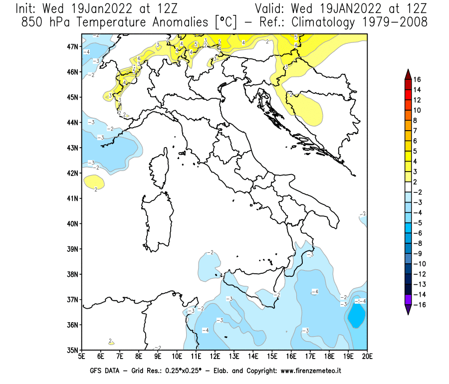 Mappa di analisi GFS - Anomalia Temperatura [°C] a 850 hPa in Italia
							del 19/01/2022 12 <!--googleoff: index-->UTC<!--googleon: index-->