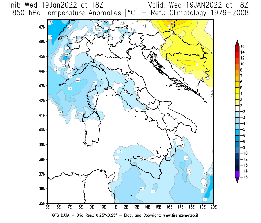 Mappa di analisi GFS - Anomalia Temperatura [°C] a 850 hPa in Italia
							del 19/01/2022 18 <!--googleoff: index-->UTC<!--googleon: index-->