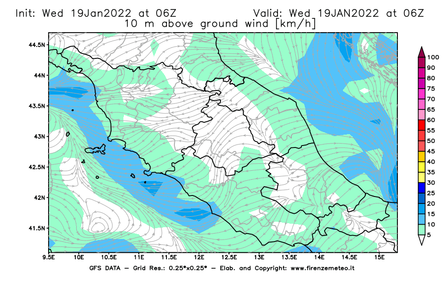 Mappa di analisi GFS - Velocità del vento a 10 metri dal suolo [km/h] in Centro-Italia
							del 19/01/2022 06 <!--googleoff: index-->UTC<!--googleon: index-->