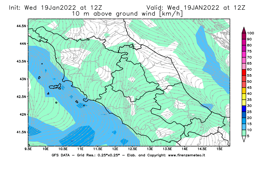 Mappa di analisi GFS - Velocità del vento a 10 metri dal suolo [km/h] in Centro-Italia
							del 19/01/2022 12 <!--googleoff: index-->UTC<!--googleon: index-->