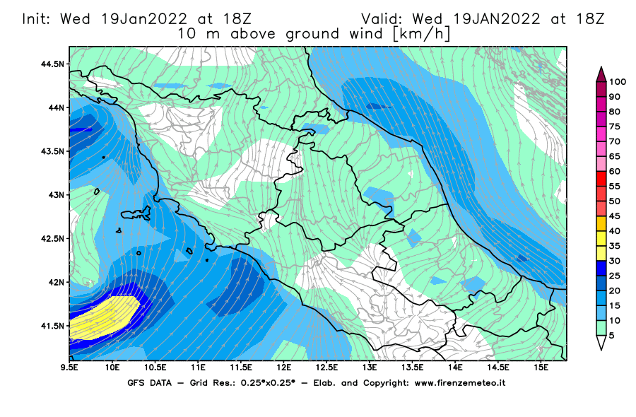 Mappa di analisi GFS - Velocità del vento a 10 metri dal suolo [km/h] in Centro-Italia
							del 19/01/2022 18 <!--googleoff: index-->UTC<!--googleon: index-->