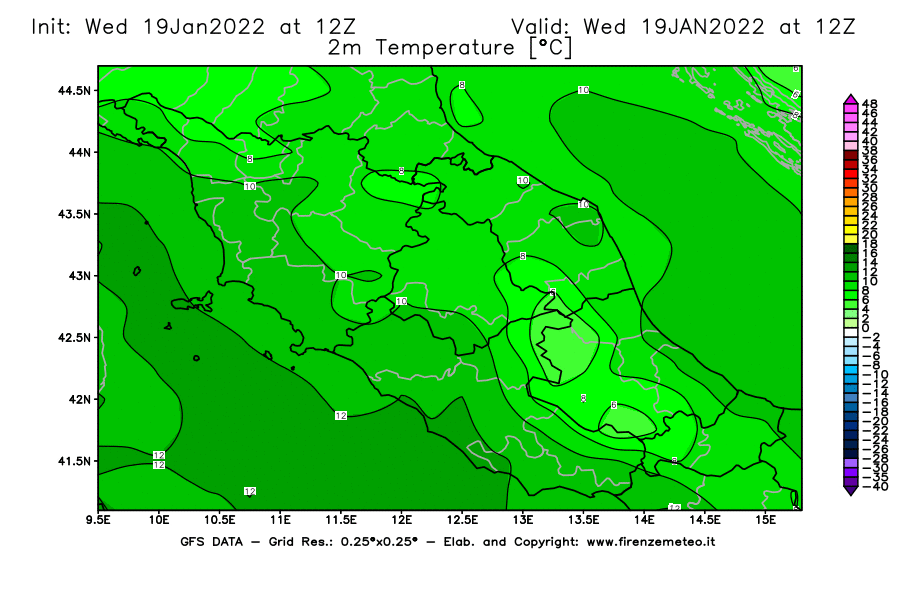 Mappa di analisi GFS - Temperatura a 2 metri dal suolo [°C] in Centro-Italia
							del 19/01/2022 12 <!--googleoff: index-->UTC<!--googleon: index-->