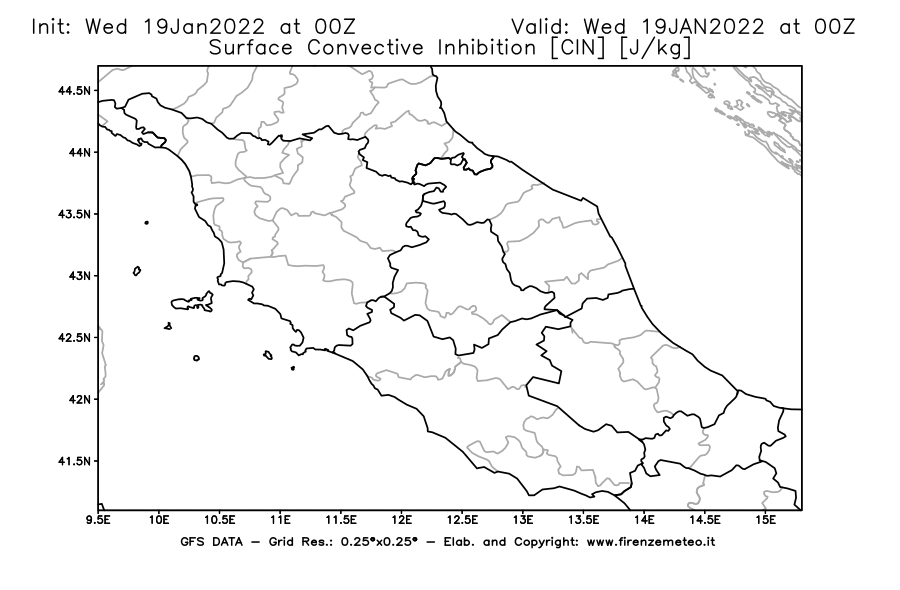 Mappa di analisi GFS - CIN [J/kg] in Centro-Italia
							del 19/01/2022 00 <!--googleoff: index-->UTC<!--googleon: index-->