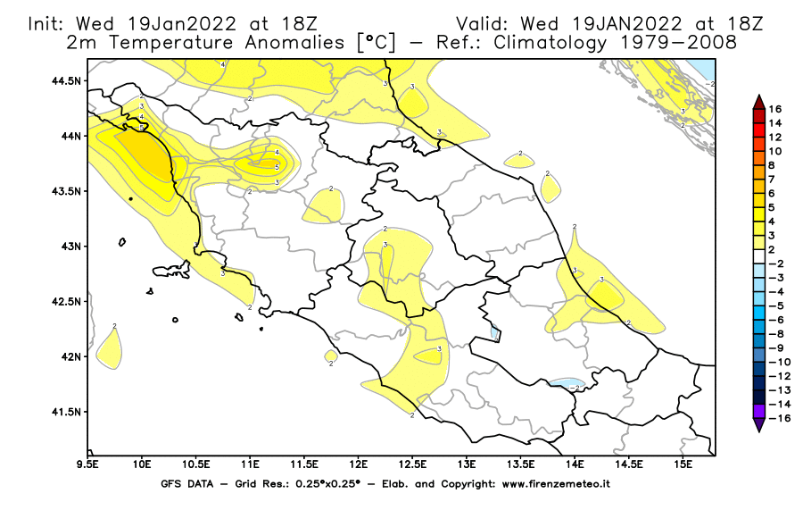 Mappa di analisi GFS - Anomalia Temperatura [°C] a 2 m in Centro-Italia
							del 19/01/2022 18 <!--googleoff: index-->UTC<!--googleon: index-->