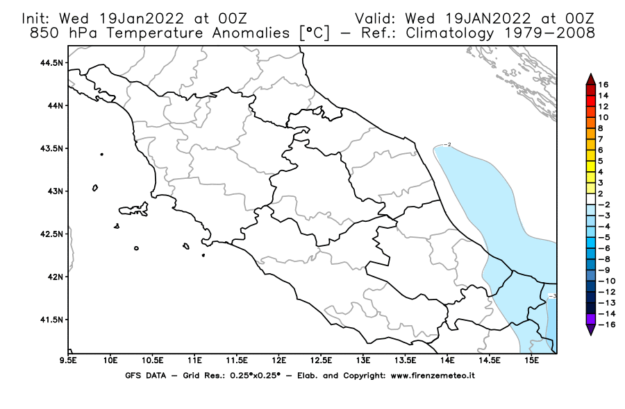 Mappa di analisi GFS - Anomalia Temperatura [°C] a 850 hPa in Centro-Italia
							del 19/01/2022 00 <!--googleoff: index-->UTC<!--googleon: index-->