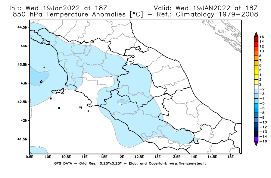 Mappa di analisi GFS - Anomalia Temperatura [°C] a 850 hPa in Centro-Italia
							del 19/01/2022 18 <!--googleoff: index-->UTC<!--googleon: index-->