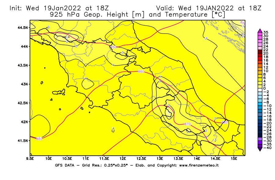 Mappa di analisi GFS - Geopotenziale [m] e Temperatura [°C] a 925 hPa in Centro-Italia
							del 19/01/2022 18 <!--googleoff: index-->UTC<!--googleon: index-->