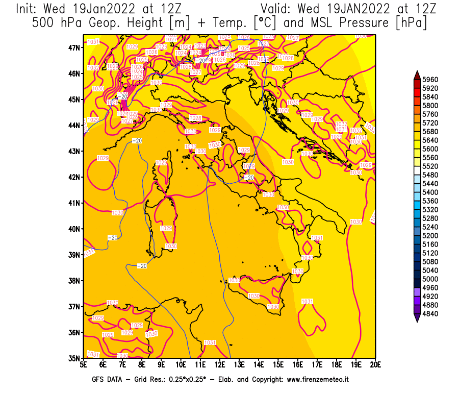 Mappa di analisi GFS - Geopotenziale [m] + Temp. [°C] a 500 hPa + Press. a livello del mare [hPa] in Italia
							del 19/01/2022 12 <!--googleoff: index-->UTC<!--googleon: index-->