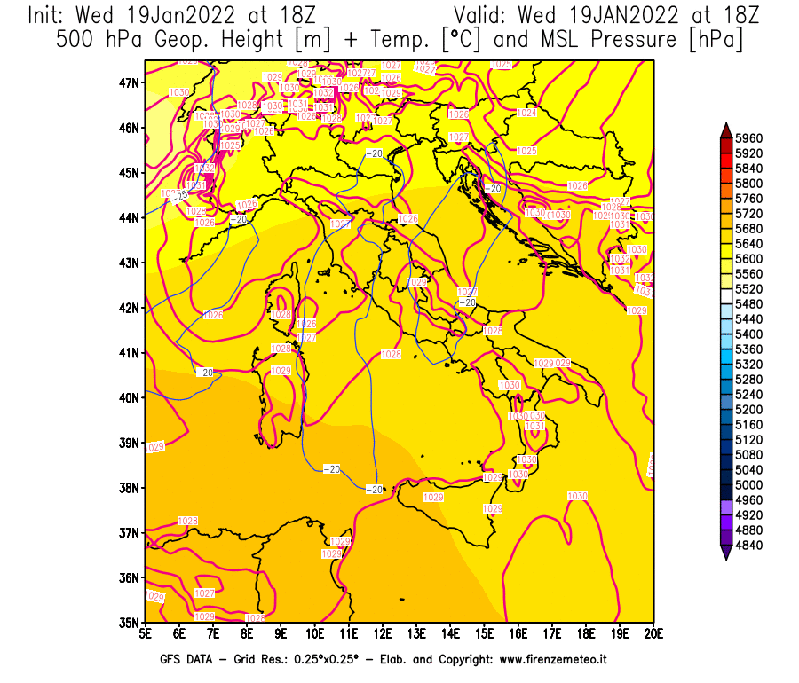 Mappa di analisi GFS - Geopotenziale [m] + Temp. [°C] a 500 hPa + Press. a livello del mare [hPa] in Italia
							del 19/01/2022 18 <!--googleoff: index-->UTC<!--googleon: index-->