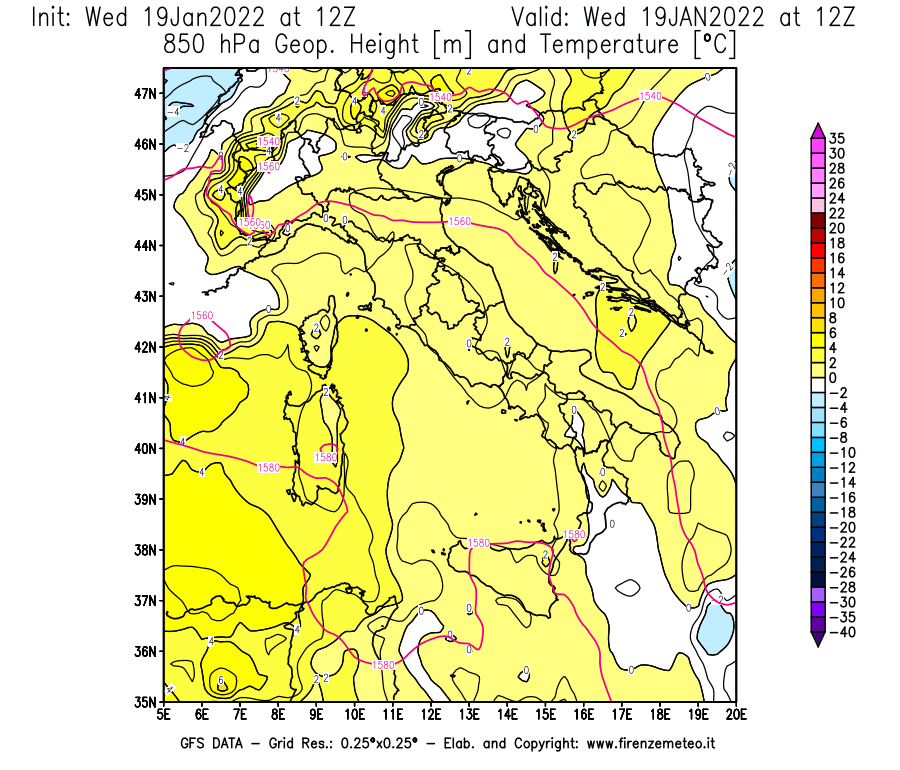 Mappa di analisi GFS - Geopotenziale [m] e Temperatura [°C] a 850 hPa in Italia
							del 19/01/2022 12 <!--googleoff: index-->UTC<!--googleon: index-->