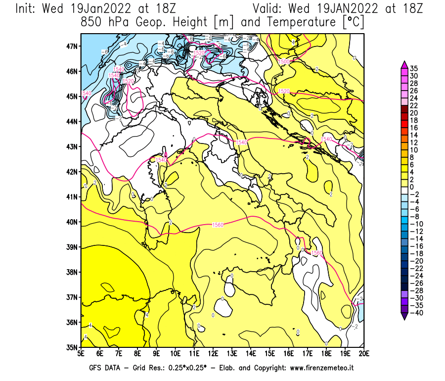 Mappa di analisi GFS - Geopotenziale [m] e Temperatura [°C] a 850 hPa in Italia
							del 19/01/2022 18 <!--googleoff: index-->UTC<!--googleon: index-->