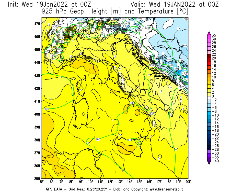 Mappa di analisi GFS - Geopotenziale [m] e Temperatura [°C] a 925 hPa in Italia
							del 19/01/2022 00 <!--googleoff: index-->UTC<!--googleon: index-->